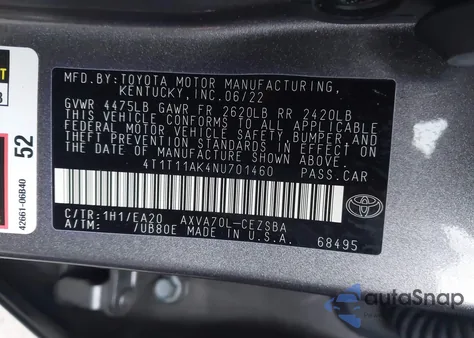 2022 Toyota Camry Se из США, поврежденный, VIN 4T1T11AK4NU701460